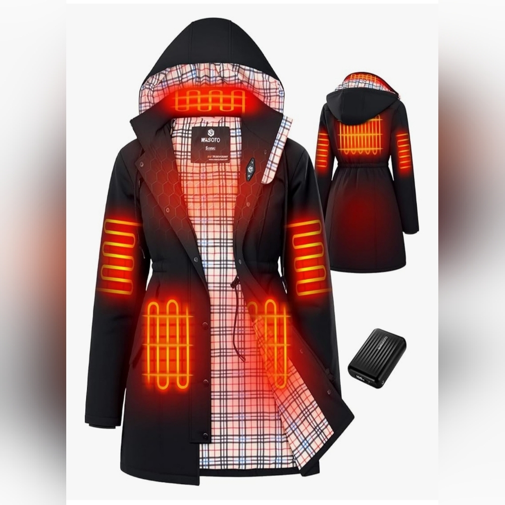Wasoto Heated Black Hooded Jacket with Plaid Lining - womens XL